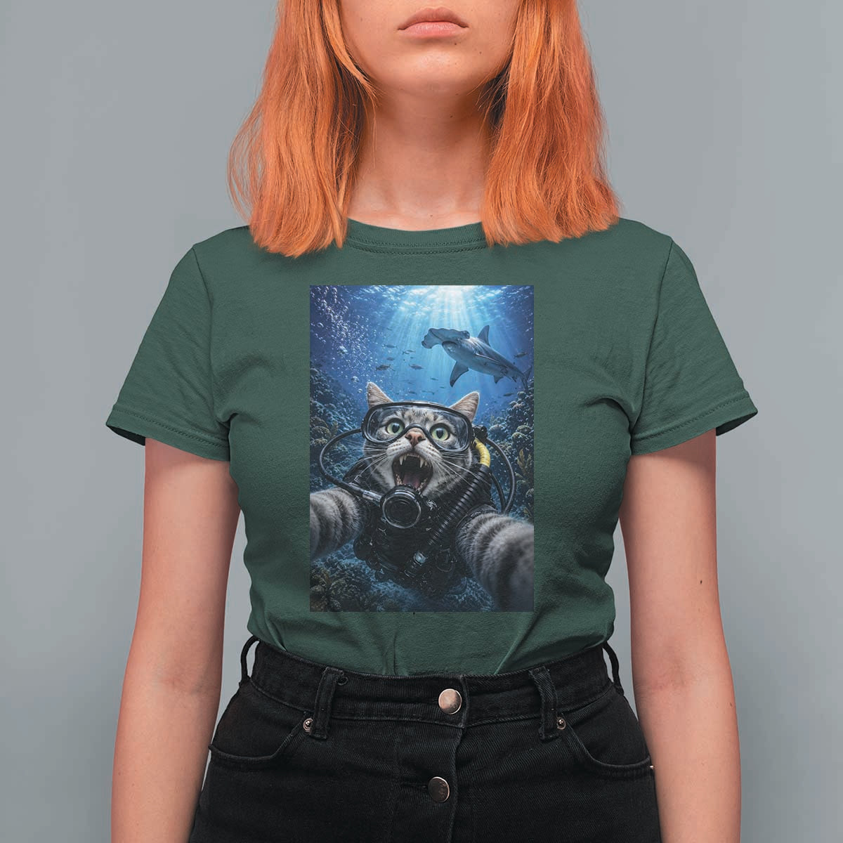 Funny Scuba Diving Cat Selfie With Hammerhead Shark T Shirt For Women