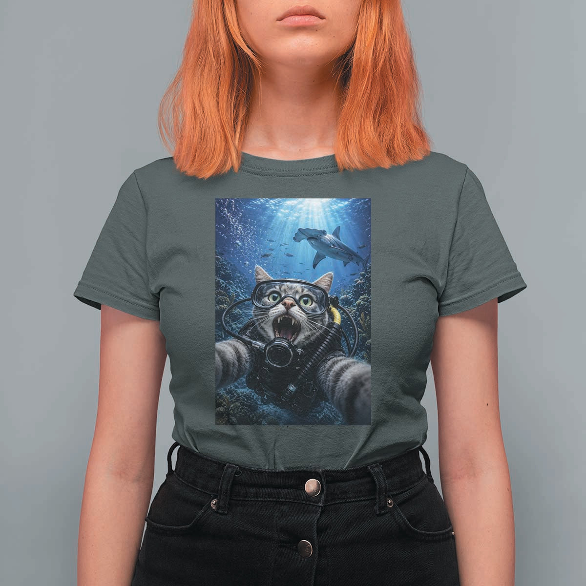 Funny Scuba Diving Cat Selfie With Hammerhead Shark T Shirt For Women