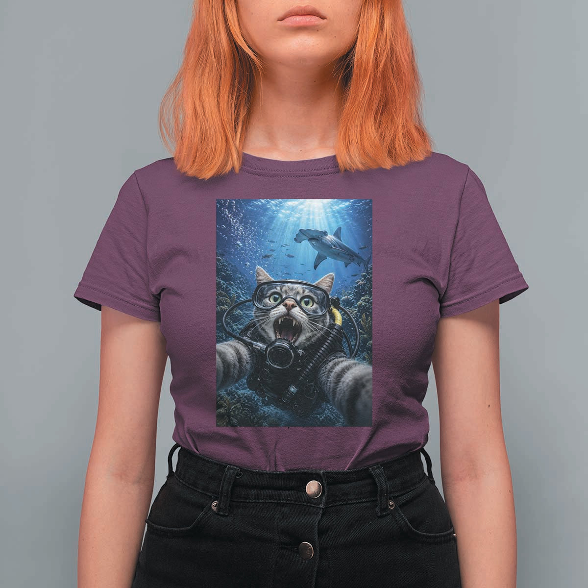 Funny Scuba Diving Cat Selfie With Hammerhead Shark T Shirt For Women