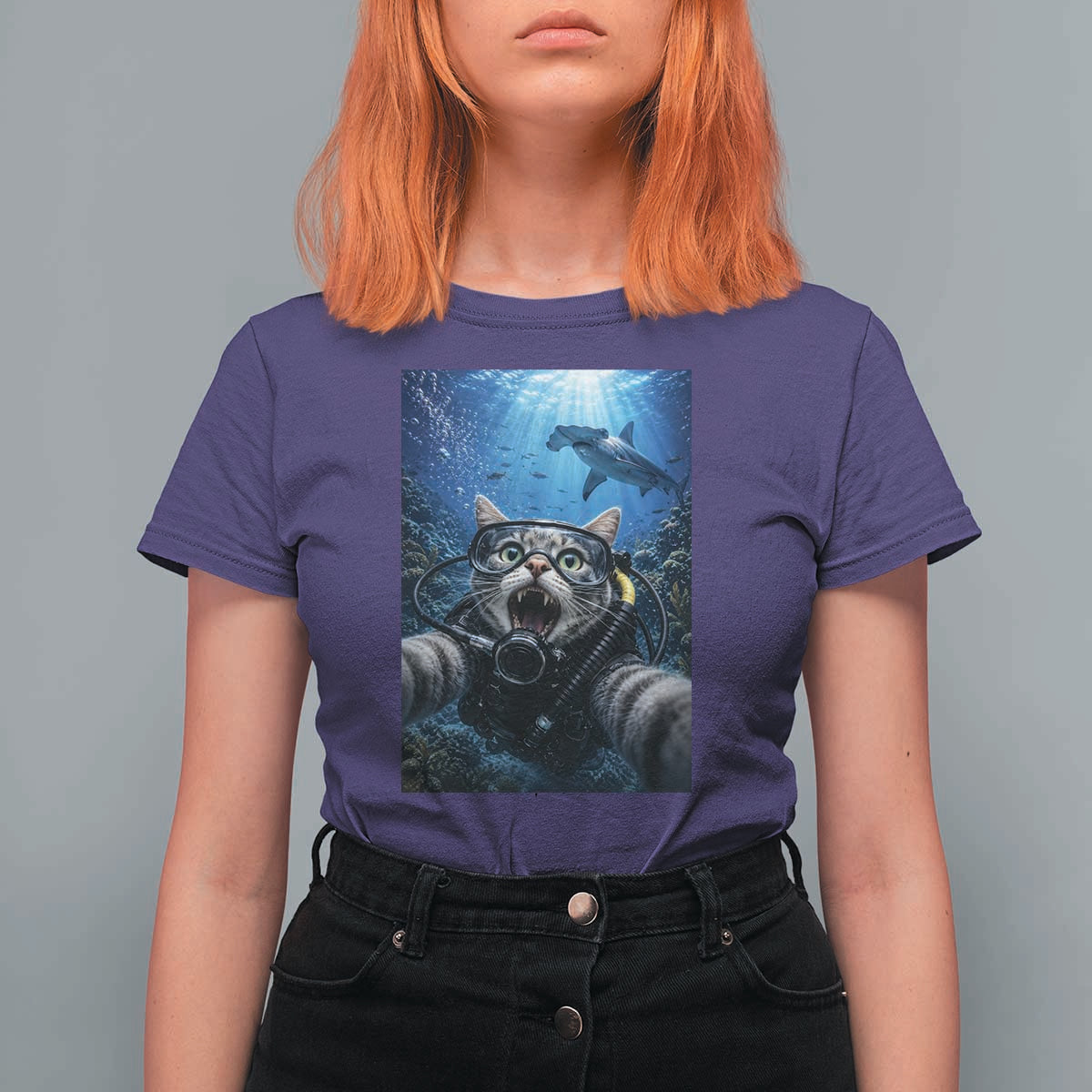 Funny Scuba Diving Cat Selfie With Hammerhead Shark T Shirt For Women