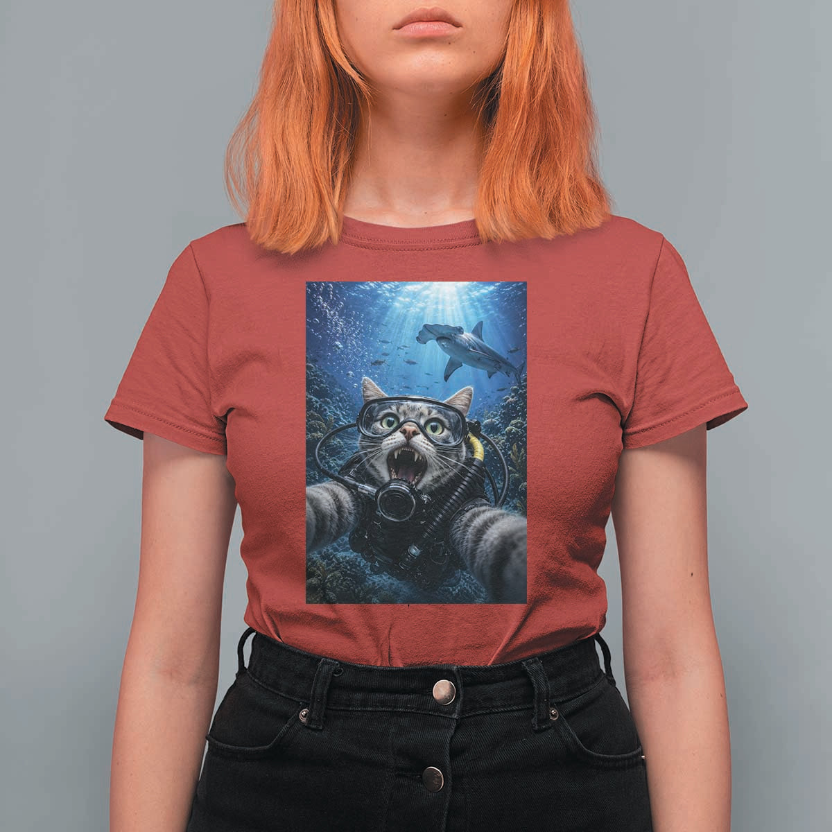 Funny Scuba Diving Cat Selfie With Hammerhead Shark T Shirt For Women