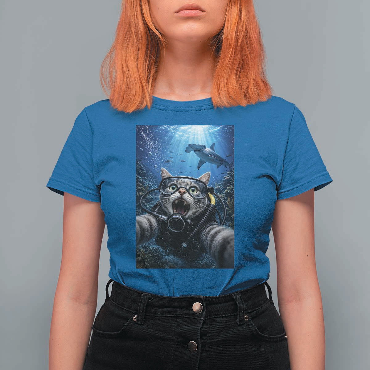 Funny Scuba Diving Cat Selfie With Hammerhead Shark T Shirt For Women