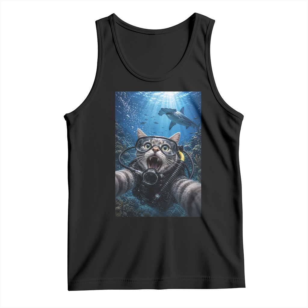 Funny Scuba Diving Cat Selfie With Hammerhead Shark Tank Top