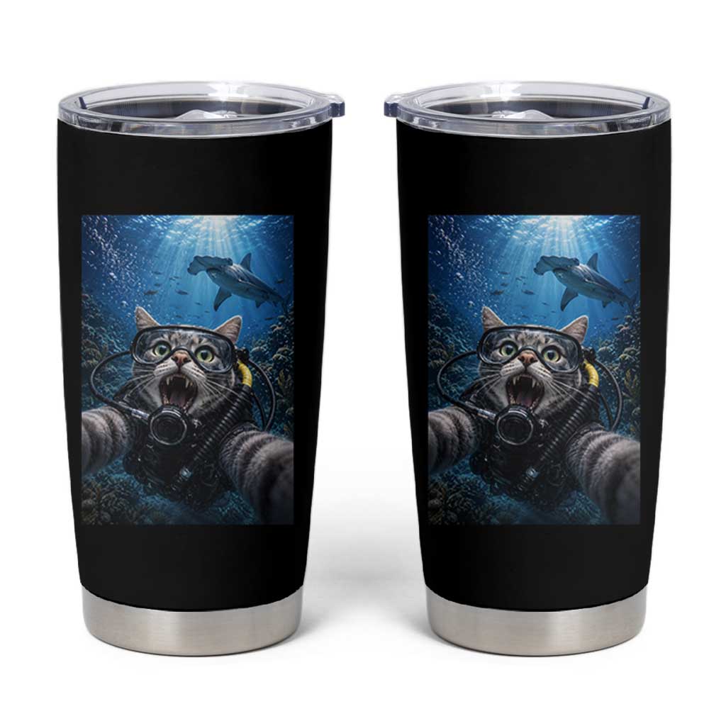 Funny Scuba Diving Cat Selfie With Hammerhead Shark Tumbler Cup