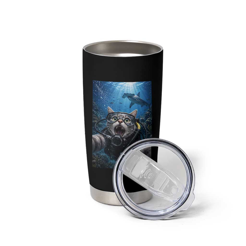Funny Scuba Diving Cat Selfie With Hammerhead Shark Tumbler Cup