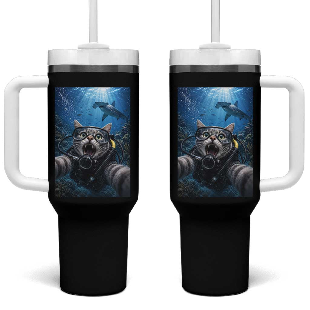 Funny Scuba Diving Cat Selfie With Hammerhead Shark Tumbler With Handle