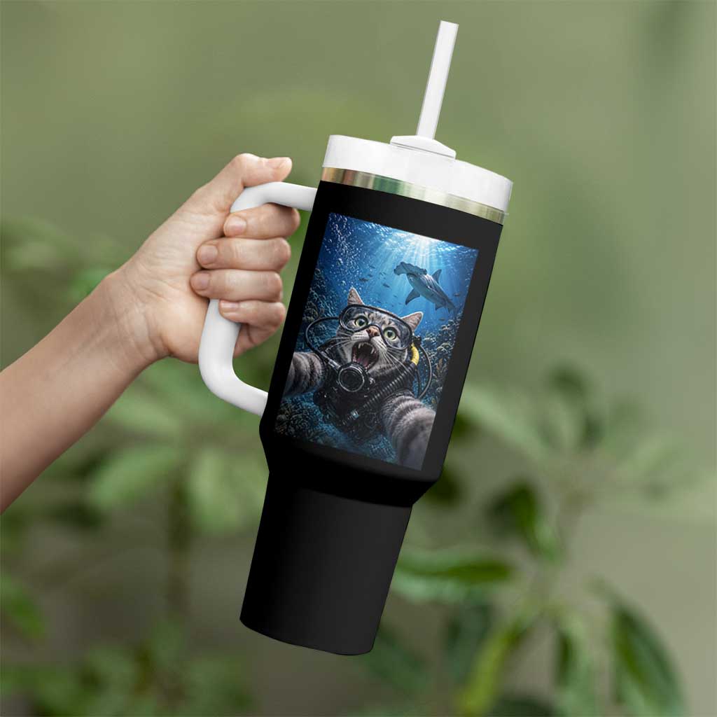 Funny Scuba Diving Cat Selfie With Hammerhead Shark Tumbler With Handle