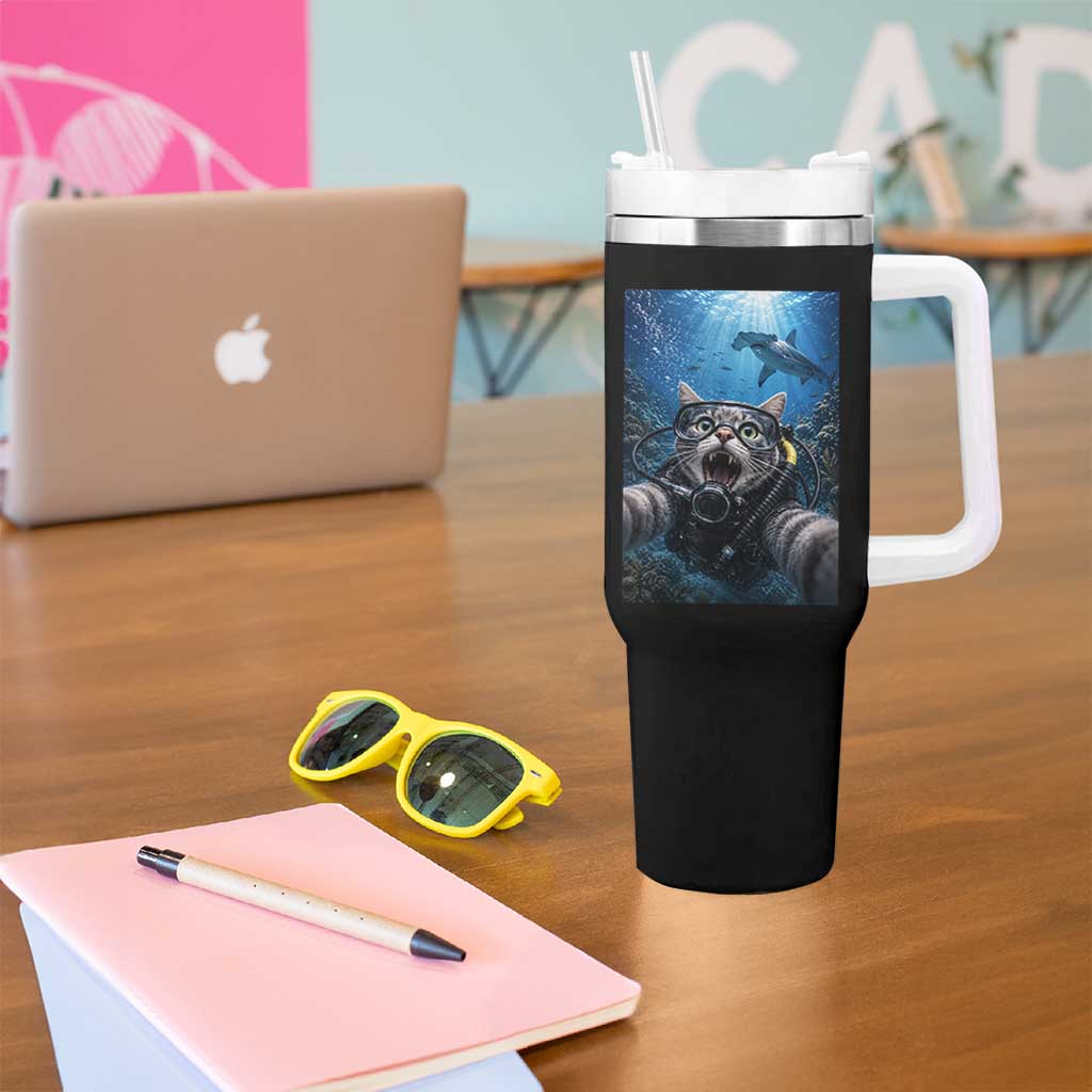 Funny Scuba Diving Cat Selfie With Hammerhead Shark Tumbler With Handle