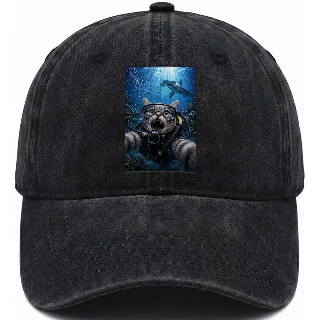 Funny Scuba Diving Cat Selfie With Hammerhead Shark Washed Cotton Baseball Cap