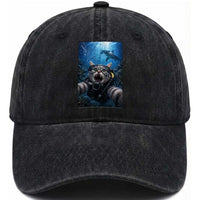 Funny Scuba Diving Cat Selfie With Hammerhead Shark Washed Cotton Baseball Cap