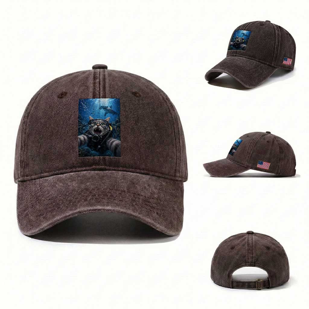 Funny Scuba Diving Cat Selfie With Hammerhead Shark Washed Cotton Baseball Cap