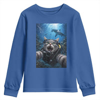 Funny Scuba Diving Cat Selfie With Hammerhead Shark Youth Sweatshirt