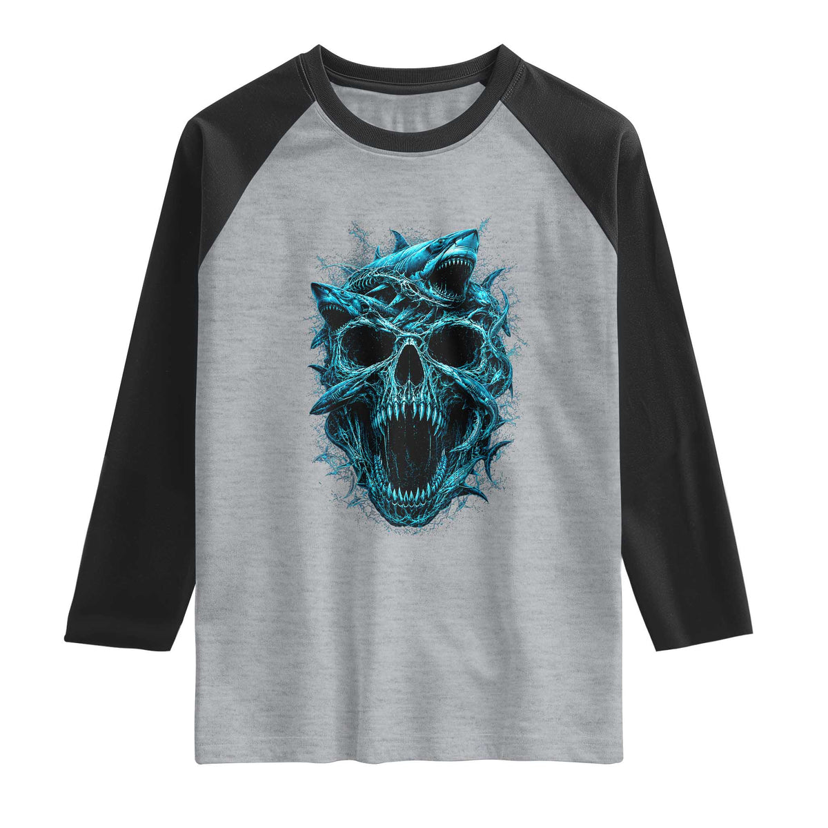 Vintage Great White Shark Skull Raglan Shirt Deep Sea Horror Art