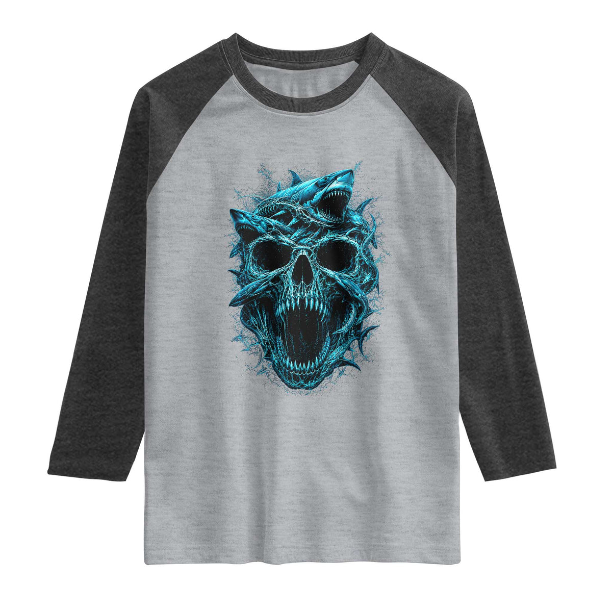 Vintage Great White Shark Skull Raglan Shirt Deep Sea Horror Art