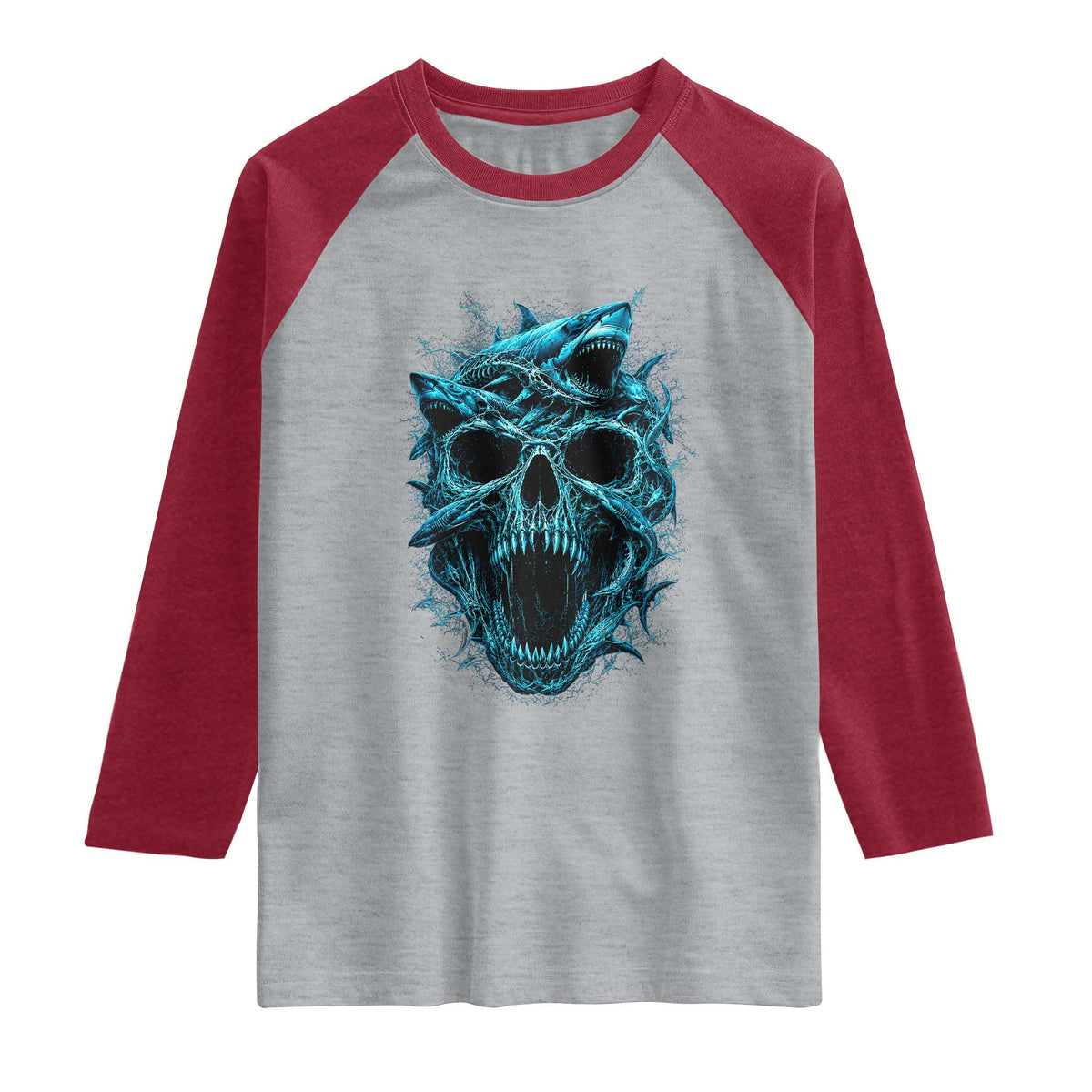 Vintage Great White Shark Skull Raglan Shirt Deep Sea Horror Art