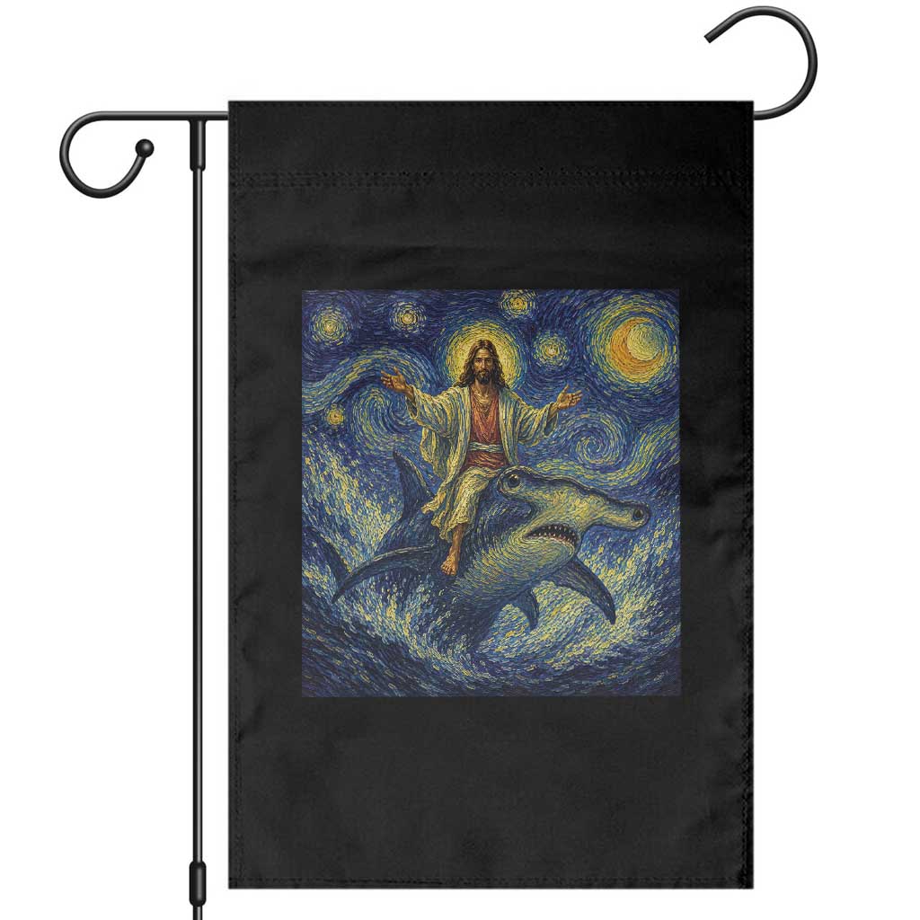 Funny Christian Jesus Riding Hammerhead Shark Garden Flag Starry Night Inspired Art