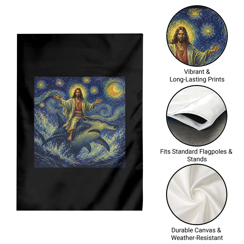 Funny Christian Jesus Riding Hammerhead Shark Garden Flag Starry Night Inspired Art