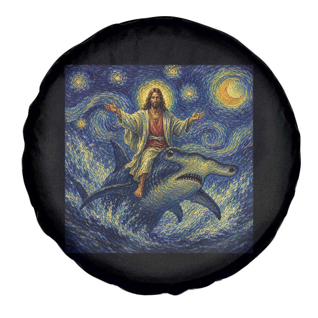 Funny Christian Jesus Riding Hammerhead Shark Spare Tire Cover Starry Night Inspired Art