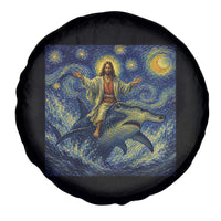 Funny Christian Jesus Riding Hammerhead Shark Spare Tire Cover Starry Night Inspired Art