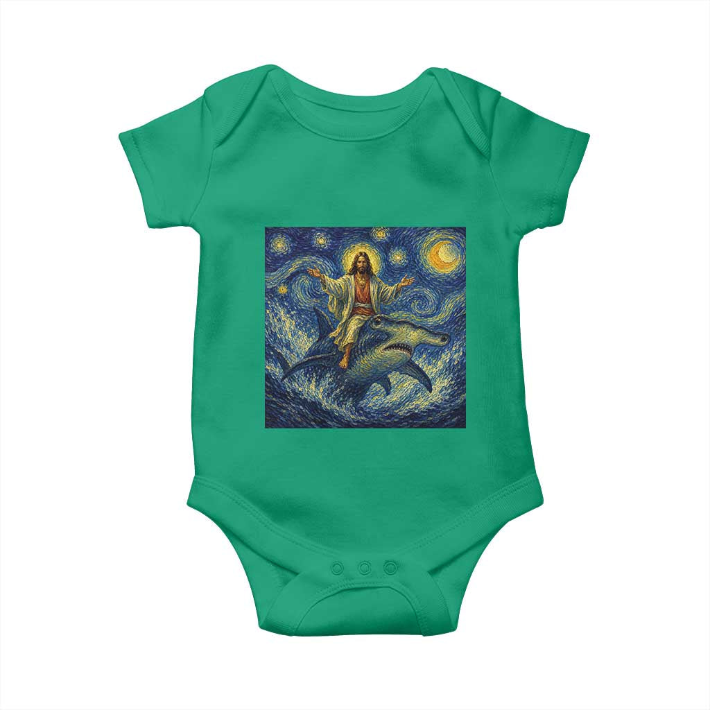 Funny Christian Jesus Riding Hammerhead Shark Baby Onesie Starry Night Inspired Art