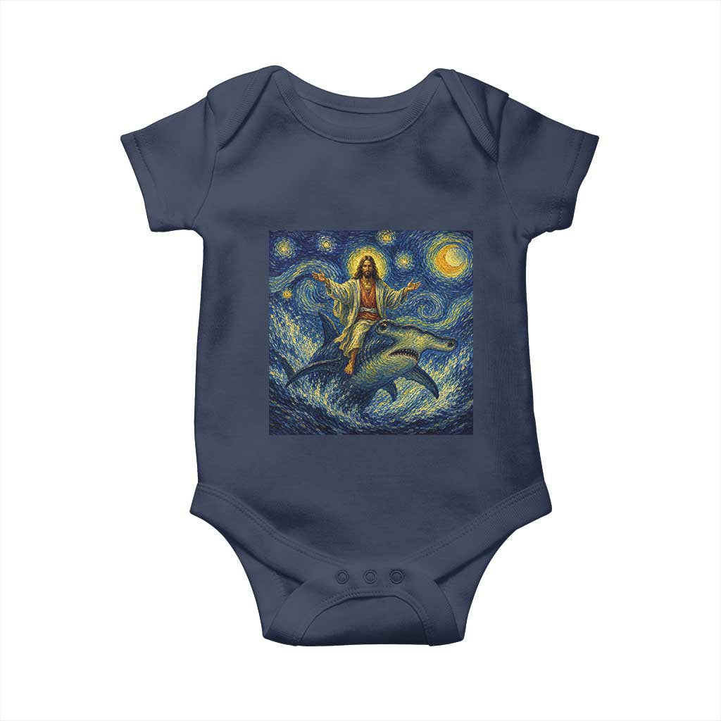 Funny Christian Jesus Riding Hammerhead Shark Baby Onesie Starry Night Inspired Art