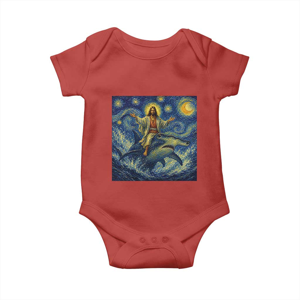 Funny Christian Jesus Riding Hammerhead Shark Baby Onesie Starry Night Inspired Art