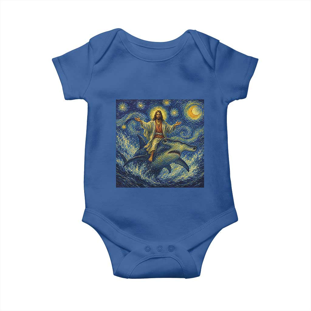 Funny Christian Jesus Riding Hammerhead Shark Baby Onesie Starry Night Inspired Art