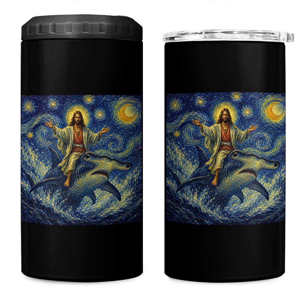 Funny Christian Jesus Riding Hammerhead Shark 4 in 1 Can Cooler Tumbler Starry Night Inspired Art