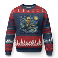 Funny Christian Jesus Riding Hammerhead Shark Ugly Christmas Sweater Starry Night Inspired Art