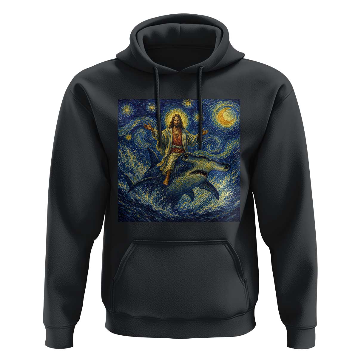 Funny Christian Jesus Riding Hammerhead Shark Hoodie Starry Night Inspired Art