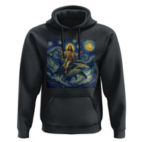 Funny Christian Jesus Riding Hammerhead Shark Hoodie Starry Night Inspired Art