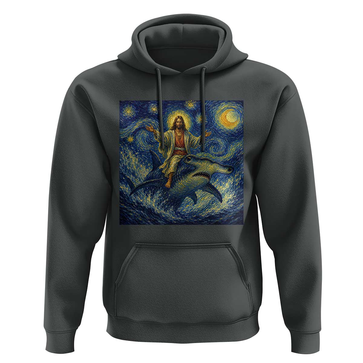 Funny Christian Jesus Riding Hammerhead Shark Hoodie Starry Night Inspired Art