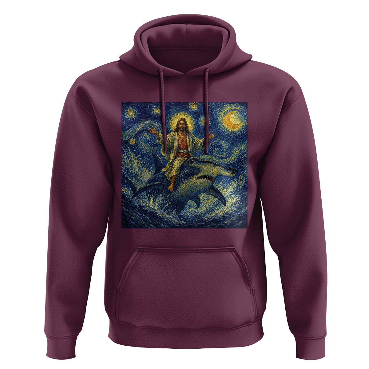 Funny Christian Jesus Riding Hammerhead Shark Hoodie Starry Night Inspired Art