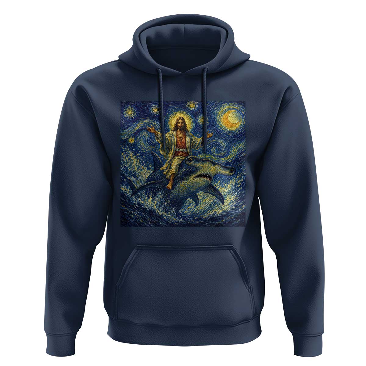 Funny Christian Jesus Riding Hammerhead Shark Hoodie Starry Night Inspired Art