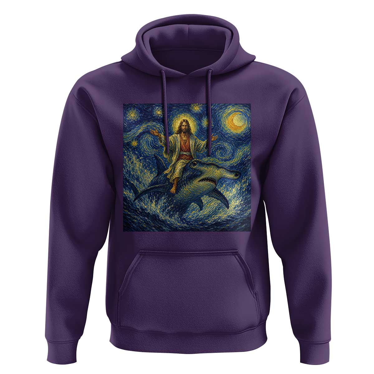 Funny Christian Jesus Riding Hammerhead Shark Hoodie Starry Night Inspired Art