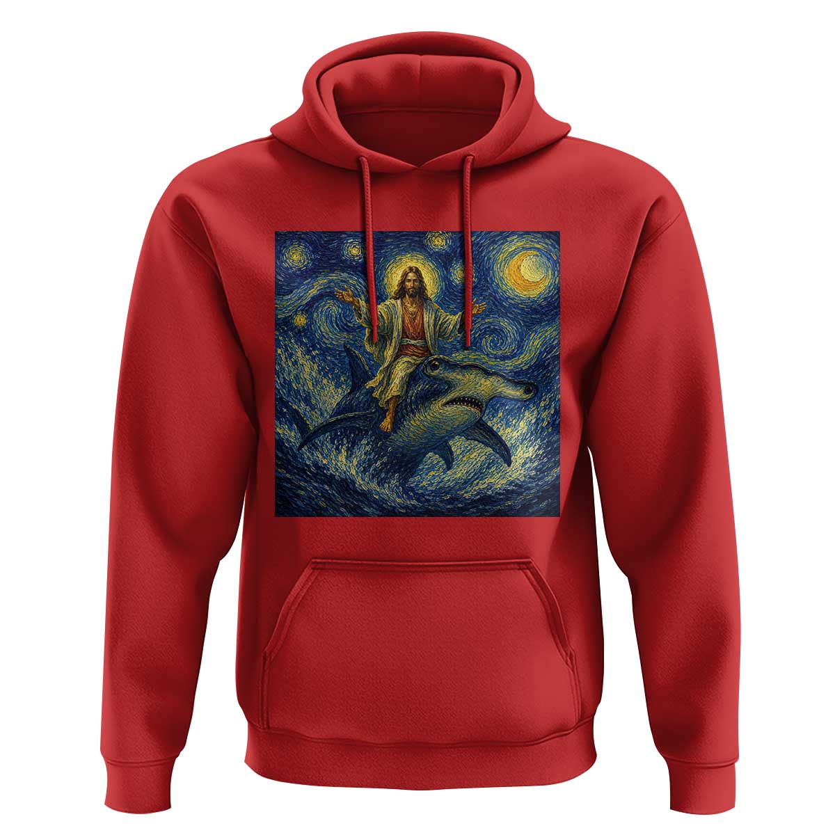 Funny Christian Jesus Riding Hammerhead Shark Hoodie Starry Night Inspired Art