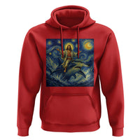 Funny Christian Jesus Riding Hammerhead Shark Hoodie Starry Night Inspired Art