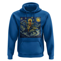 Funny Christian Jesus Riding Hammerhead Shark Hoodie Starry Night Inspired Art