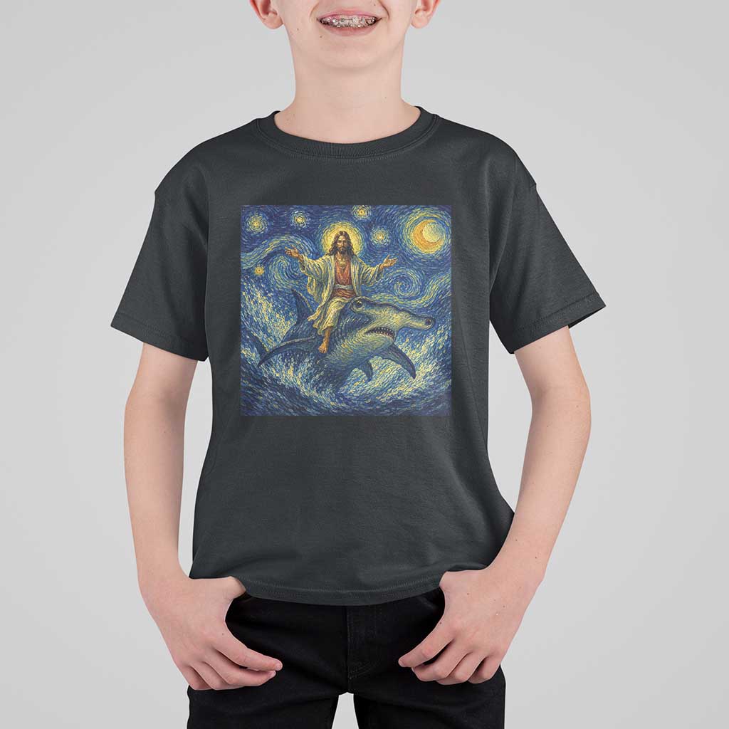 Funny Christian Jesus Riding Hammerhead Shark T Shirt For Kid Starry Night Inspired Art