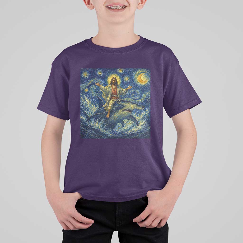 Funny Christian Jesus Riding Hammerhead Shark T Shirt For Kid Starry Night Inspired Art