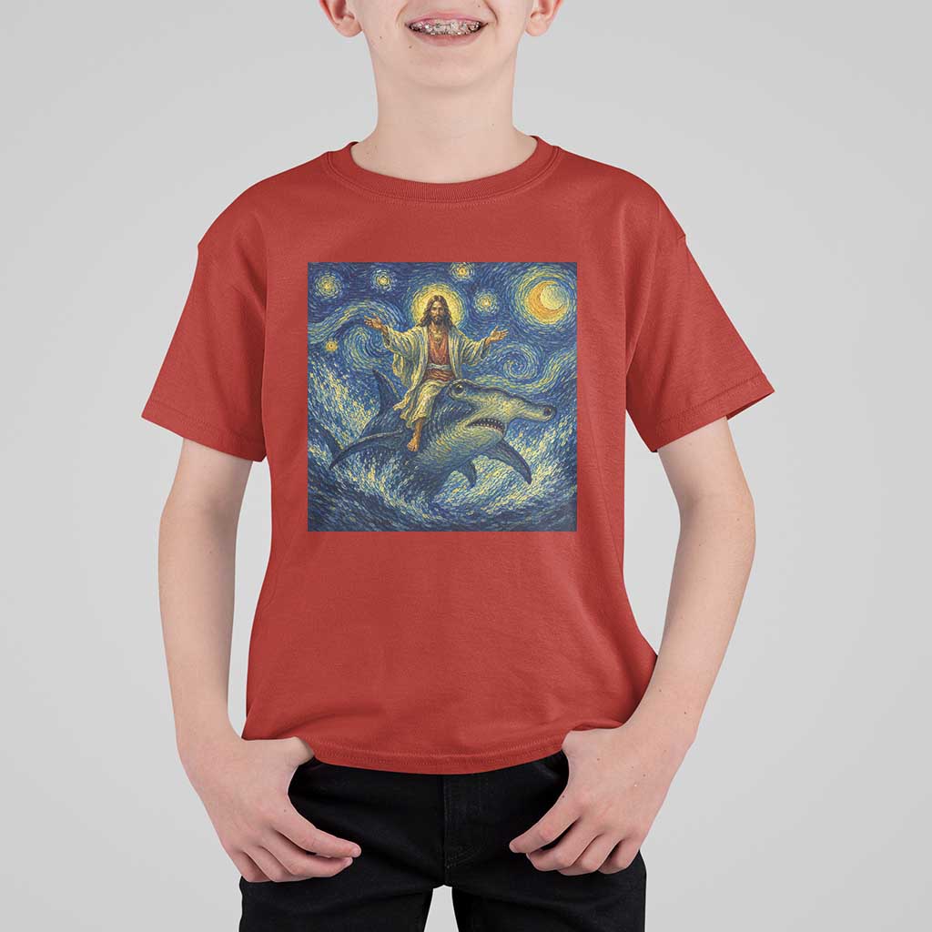Funny Christian Jesus Riding Hammerhead Shark T Shirt For Kid Starry Night Inspired Art