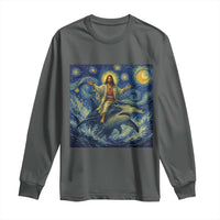 Funny Christian Jesus Riding Hammerhead Shark Long Sleeve Shirt Starry Night Inspired Art