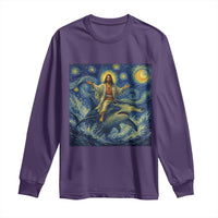 Funny Christian Jesus Riding Hammerhead Shark Long Sleeve Shirt Starry Night Inspired Art