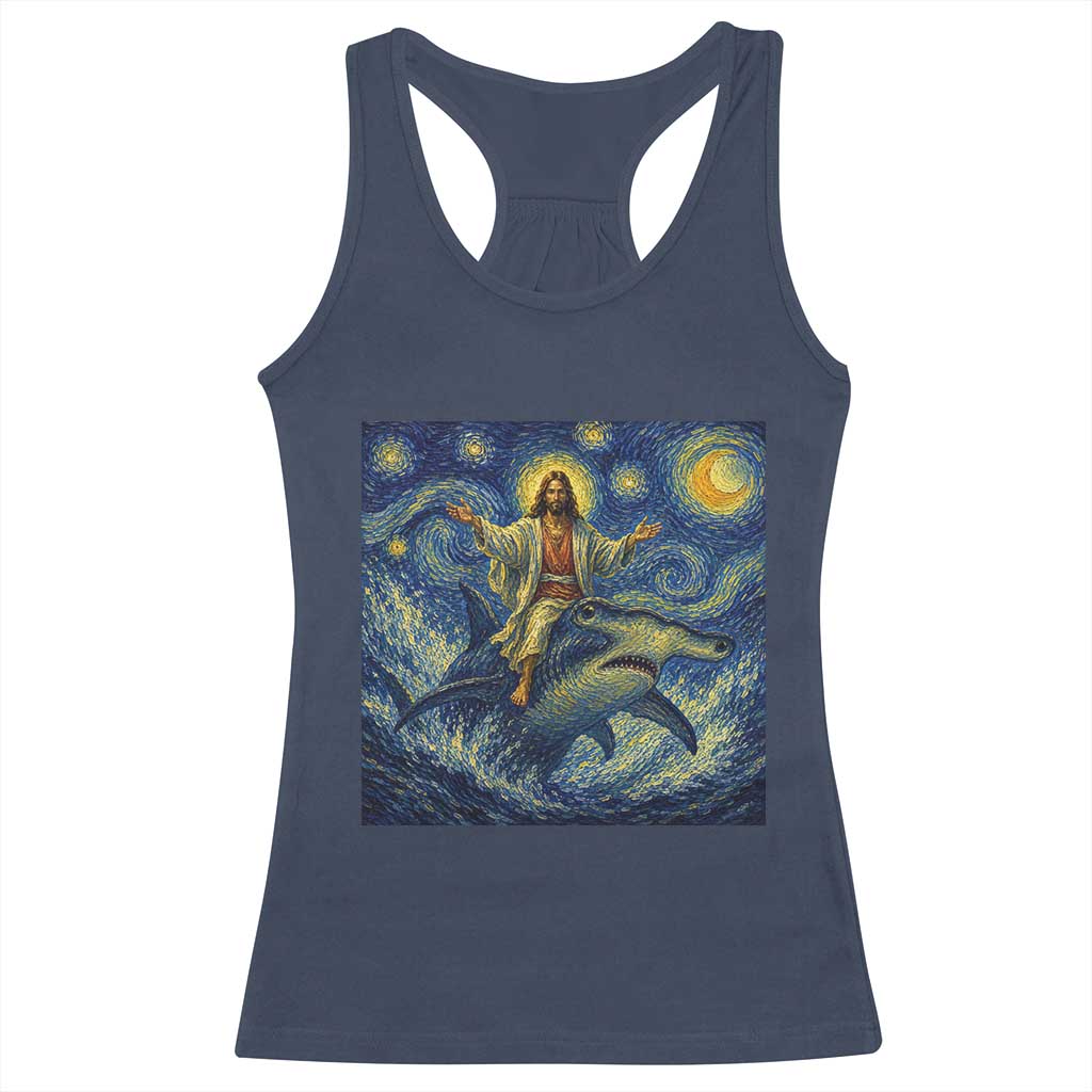 Funny Christian Jesus Riding Hammerhead Shark Racerback Tank Top Starry Night Inspired Art