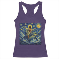 Funny Christian Jesus Riding Hammerhead Shark Racerback Tank Top Starry Night Inspired Art