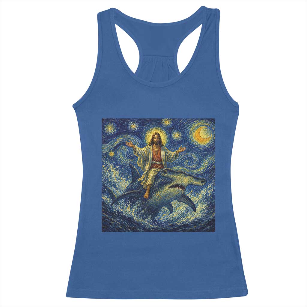 Funny Christian Jesus Riding Hammerhead Shark Racerback Tank Top Starry Night Inspired Art