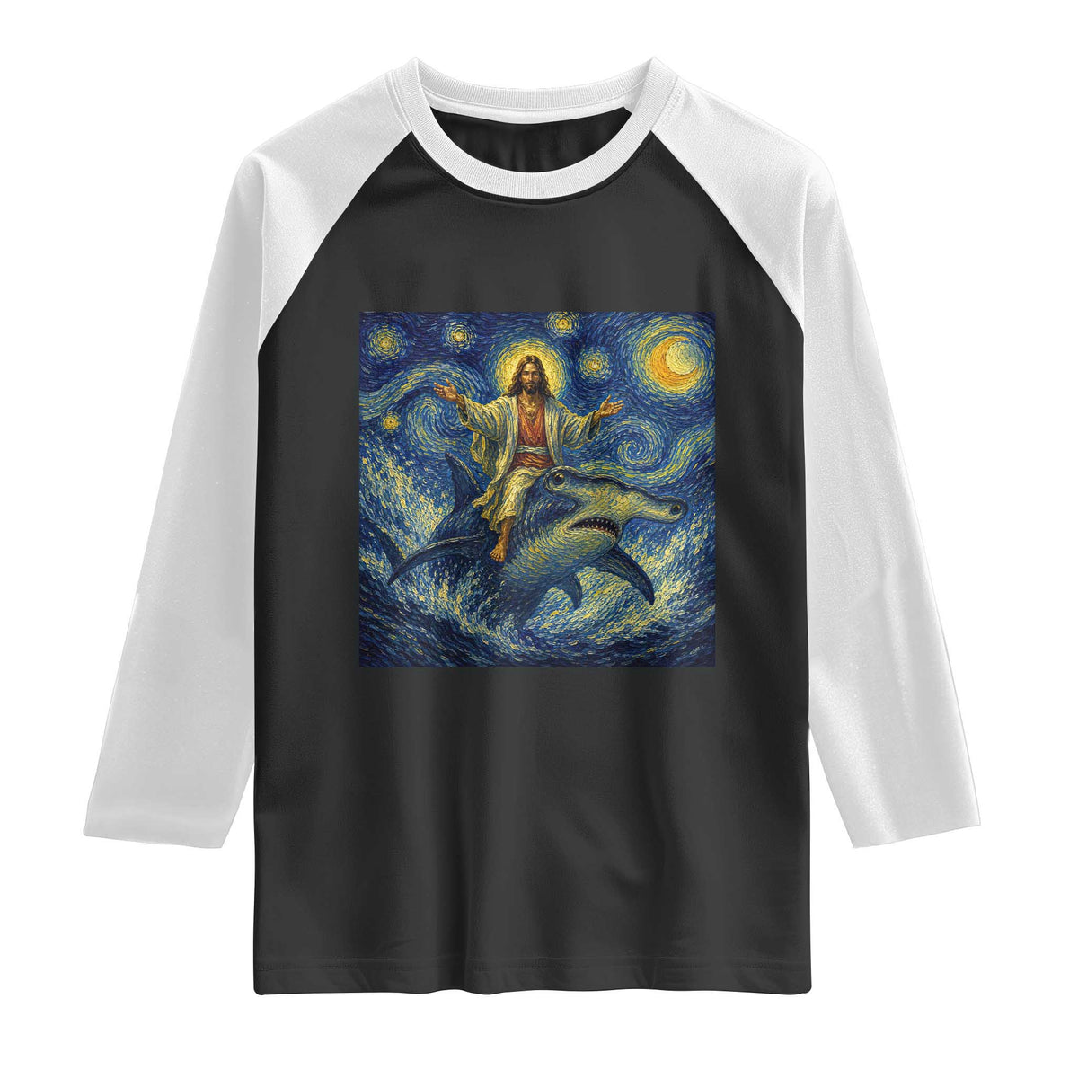 Funny Christian Jesus Riding Hammerhead Shark Raglan Shirt Starry Night Inspired Art