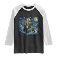 Funny Christian Jesus Riding Hammerhead Shark Raglan Shirt Starry Night Inspired Art