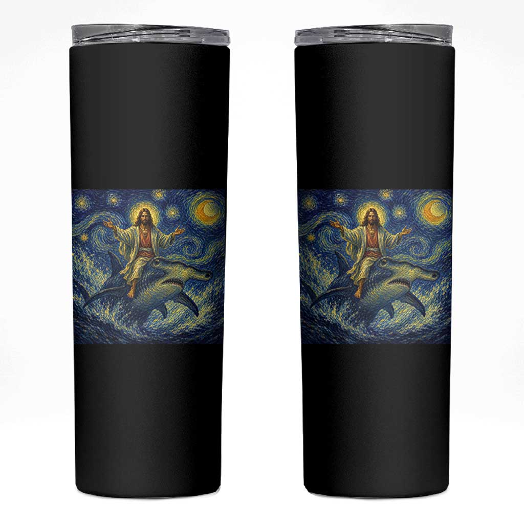 Funny Christian Jesus Riding Hammerhead Shark Skinny Tumbler Starry Night Inspired Art