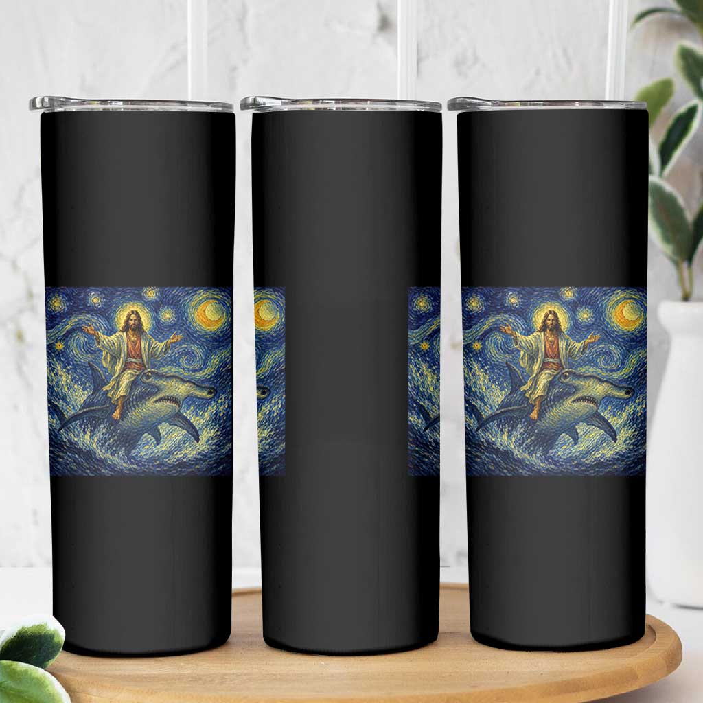 Funny Christian Jesus Riding Hammerhead Shark Skinny Tumbler Starry Night Inspired Art